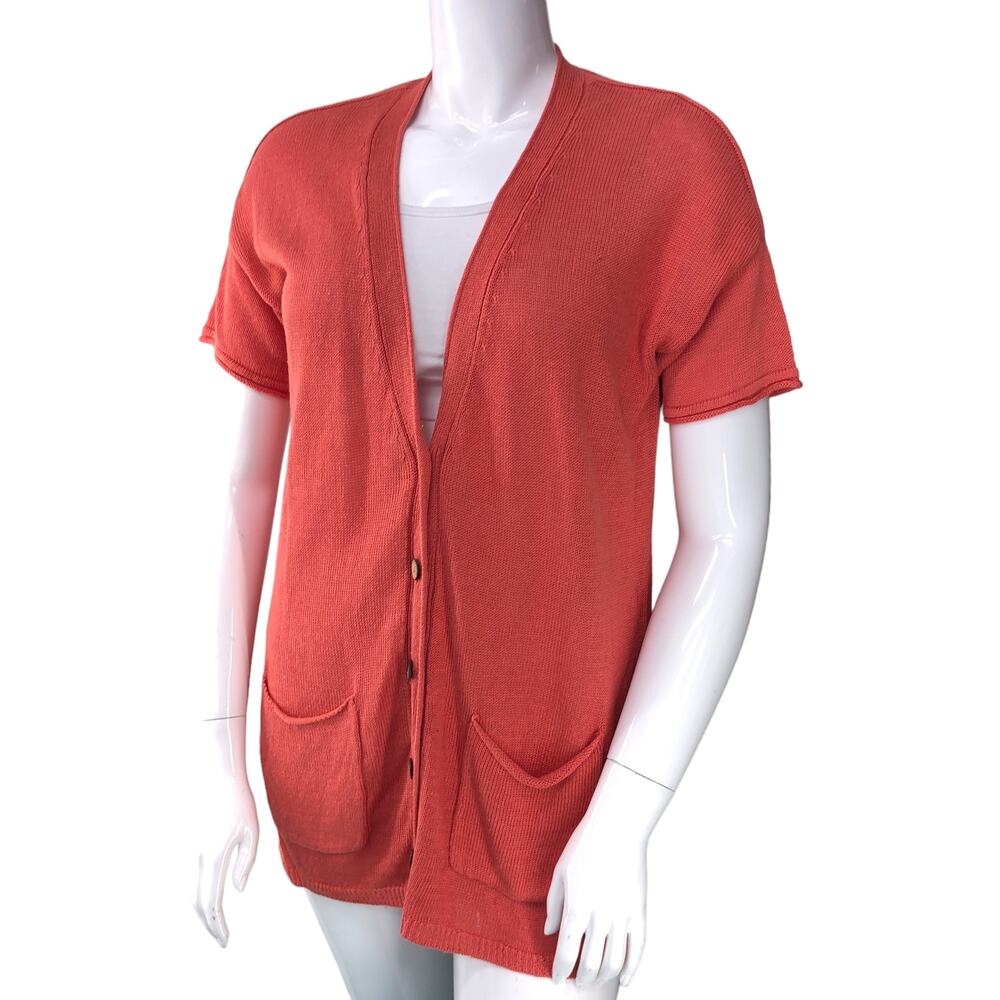 J Jill Womens Size M Cardigan Tight Knit Button Up Coral Knit Short Sleeve
